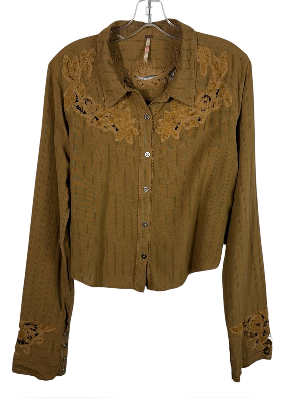 Free People Brown/Yellow Pinstriped Button Down Applique Lace Blouse 1584858 L